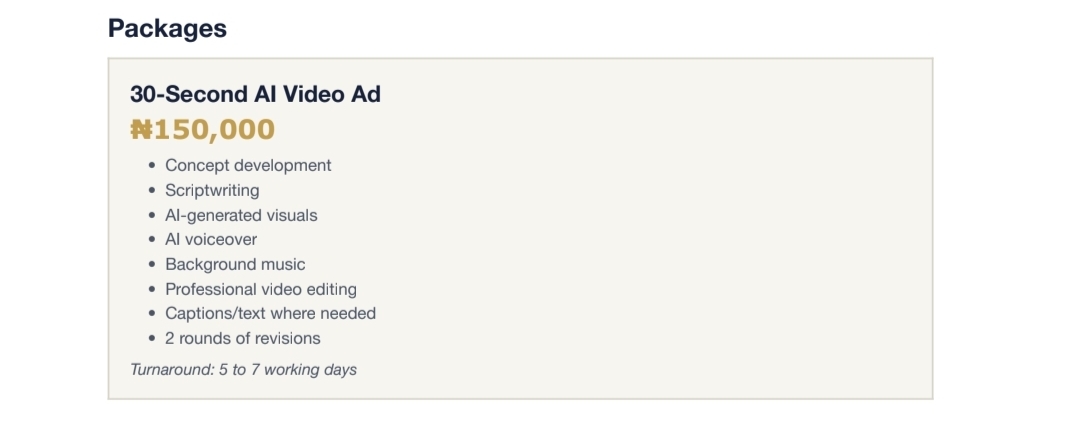 AI video advertisement package showing a ₦150,000 price