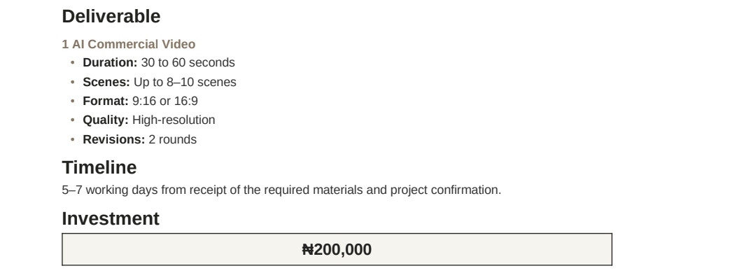AI commercial video proposal showing a ₦200,000 investment